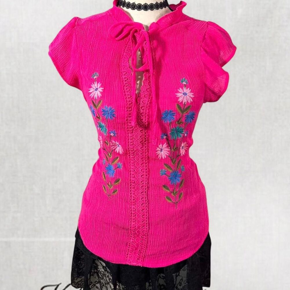 Y2K Style Hot Pink Blouse with Blue Floral Embroidery and Tie Front